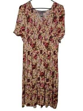 Lark + Grey Rose Floral Smocked Peach Midi Tiered Skirt Dress Sz 1X Womens